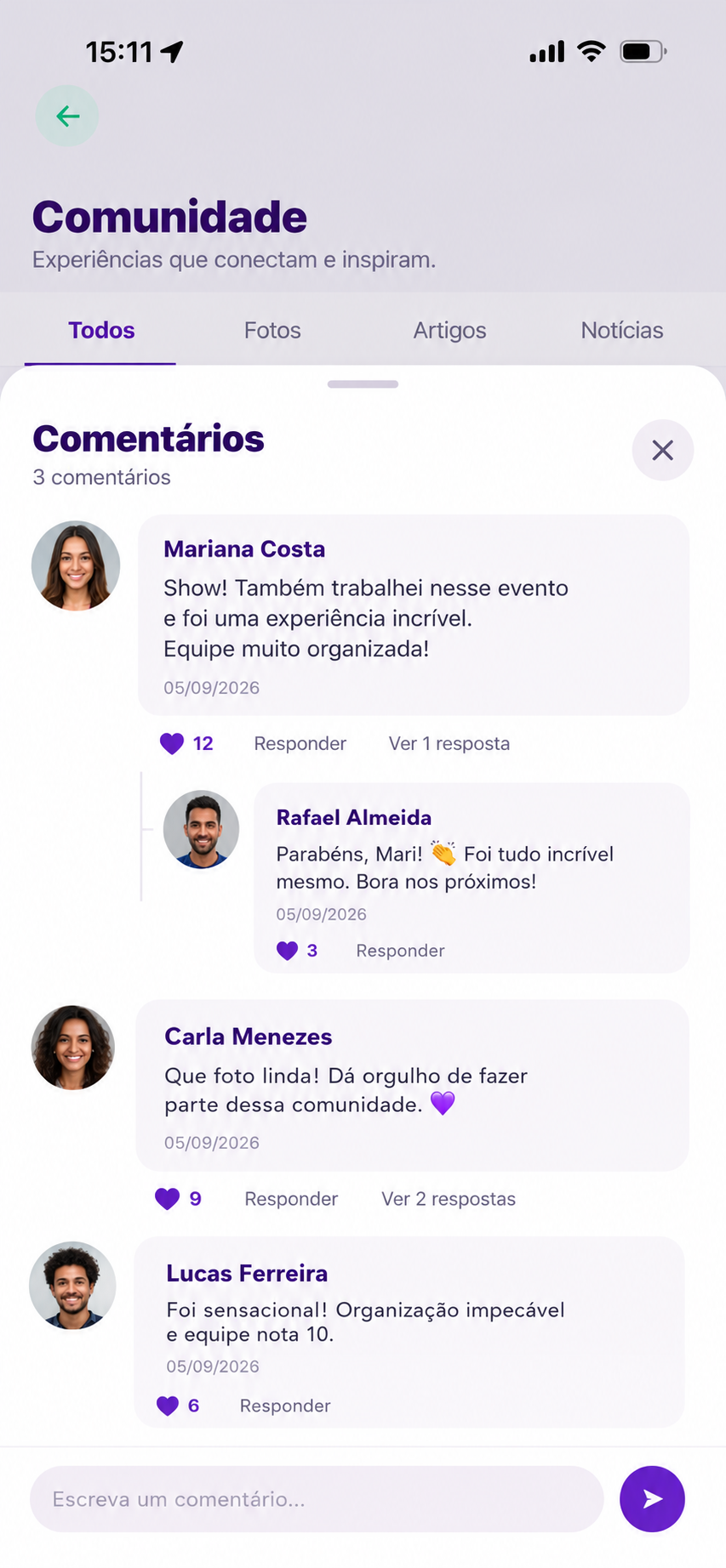 Comentários na comunidade Equipe na Nuvem